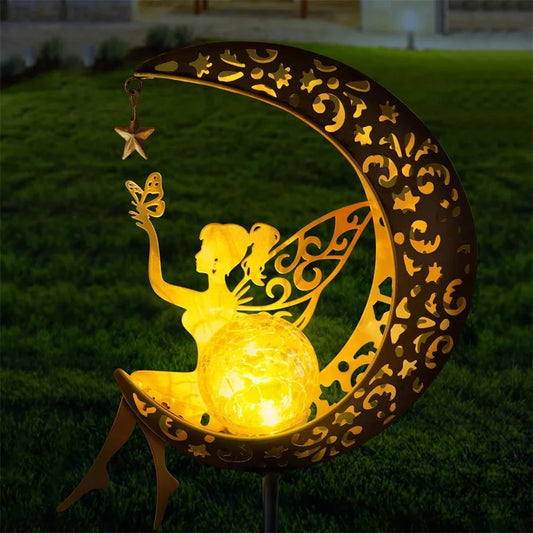 Garden solar moon fairy light with angel and glass globe warm white outdoor garden lamp