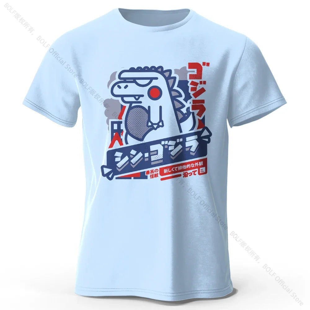 Light blue t-shirt with a graphic design featuring a dinosaur-like creature and Japanese text on a white background.