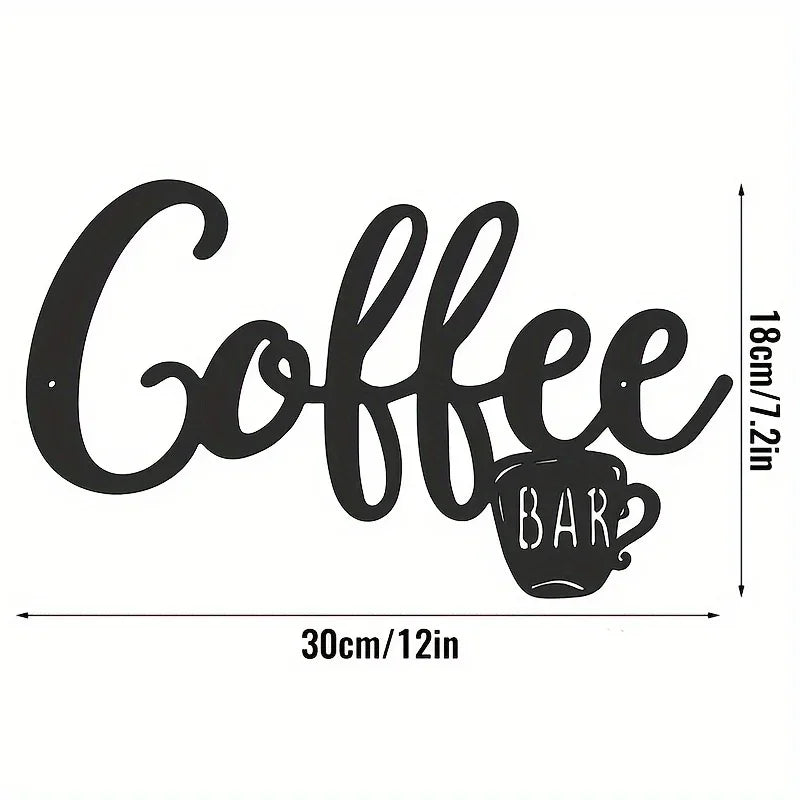 Decorative metal sign with 'Coffee Bar' text and cup design, featuring dimensions on a white background.