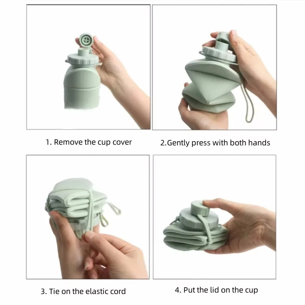 Instructions for folding a green silicone cup with elastic cord