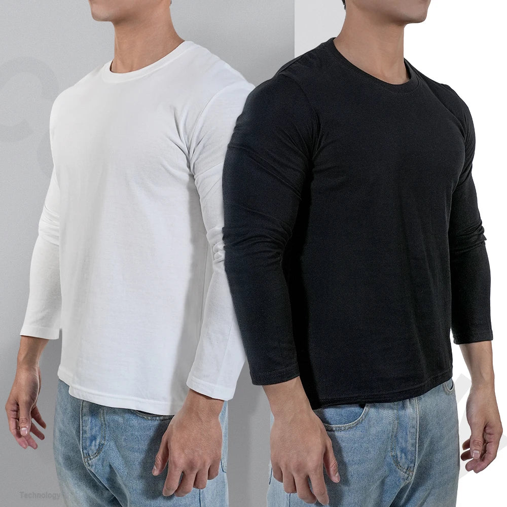 men’s white and black long sleeve cotton crew neck t-shirt casual fit