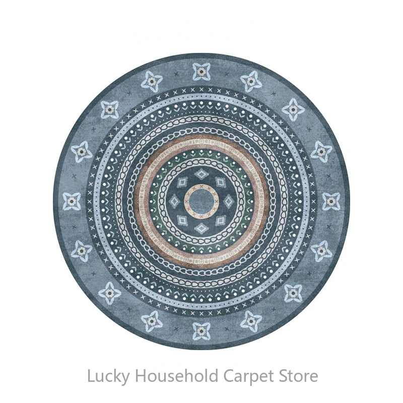 Round blue patterned rug with Lucky Household Carpet Store branding