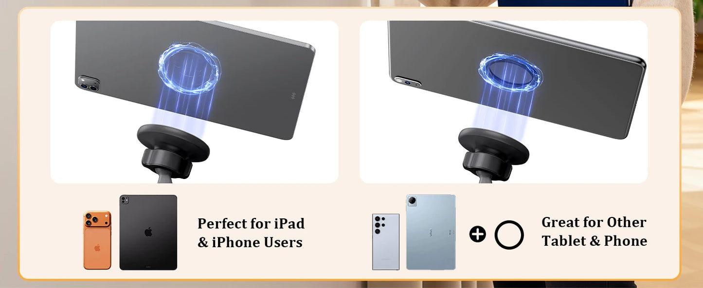 Phone holder with compatibility text for iPad, iPhone, and other tablets and phones.