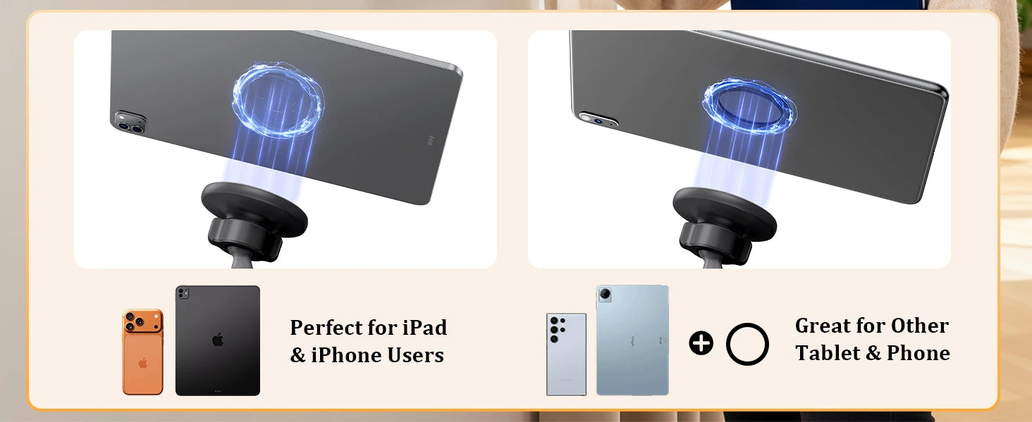 Phone holder with compatibility text for iPad, iPhone, and other tablets and phones.