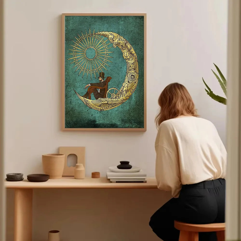 Person looking at a framed artwork of a woman on the moon in a room with decor items.