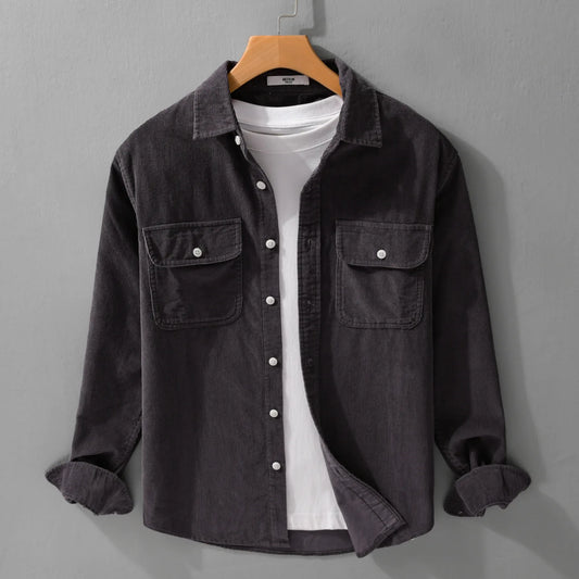 Vintage men’s corduroy cotton shirt in Dark Grey with long sleeves and large front pockets in a casual autumn style