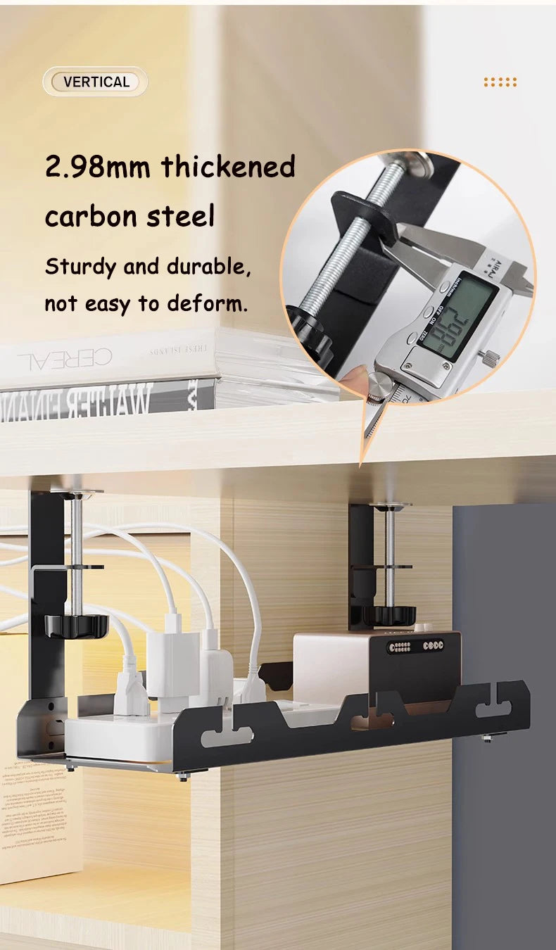 Under-sink cabinet organizer with carbon steel components and digital caliper for measurement.