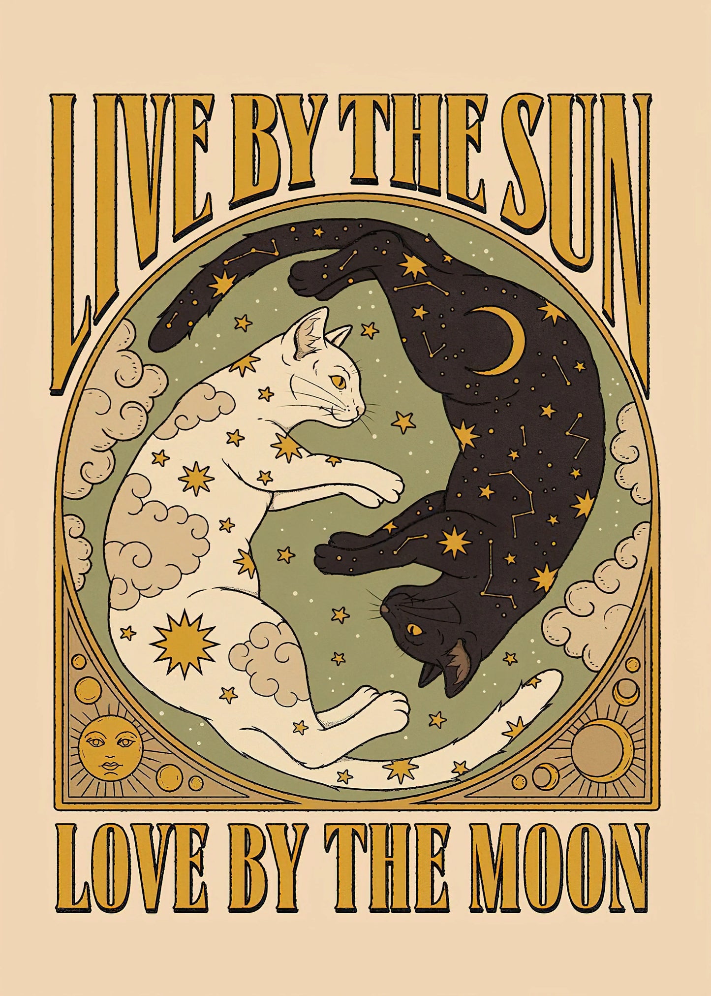 Illustration of two cats, one white and one black, with celestial elements and text 'Live by the Sun, Love by the Moon' on a beige background.