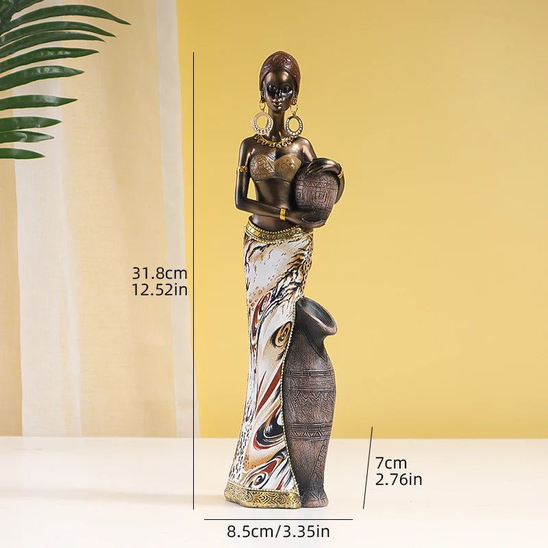 Decorative statue of a woman holding a vase with measurements on a yellow background