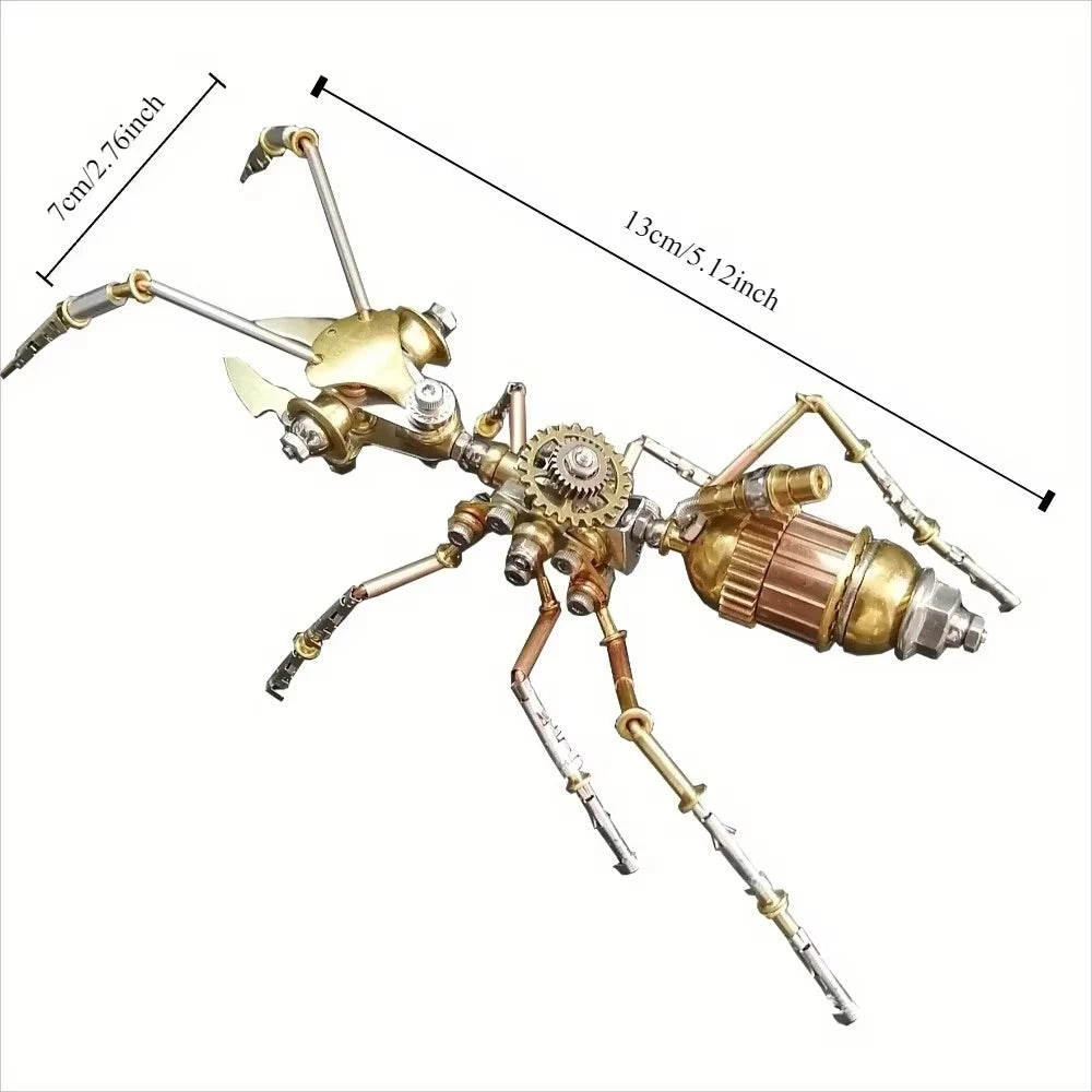 Steampunk-style ant sculpture with measurements on a white background