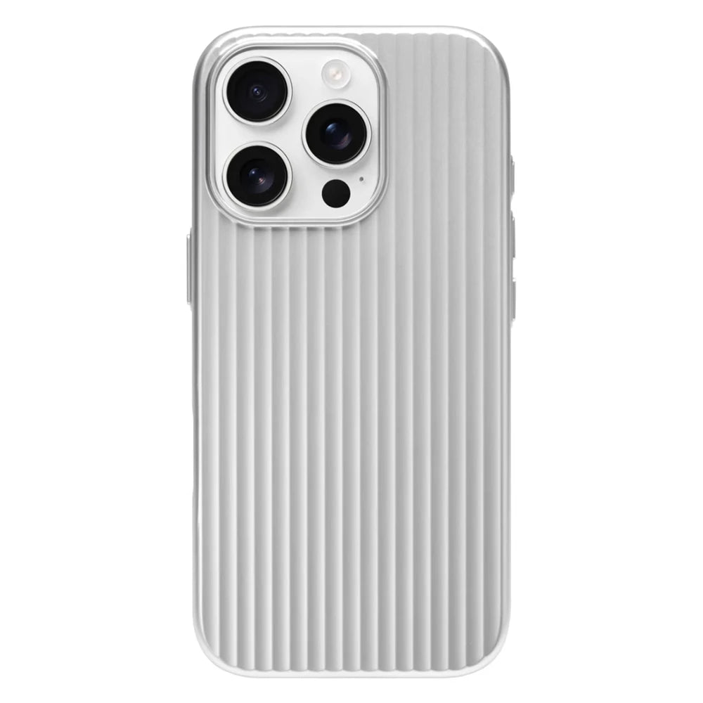 Silver phone case with a ribbed texture on a white background