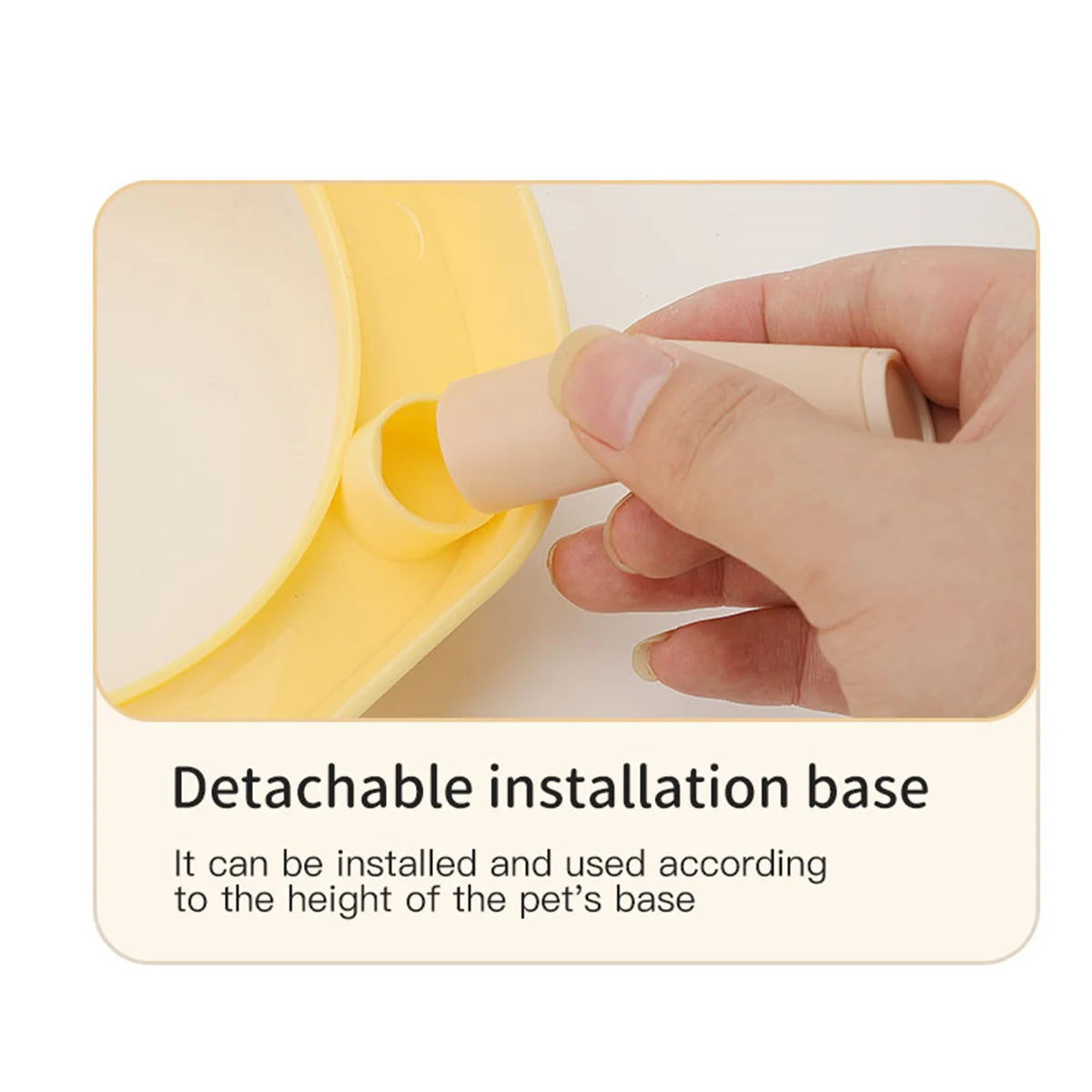 Hand installing a detachable installation base on a yellow product with text explaining its use.