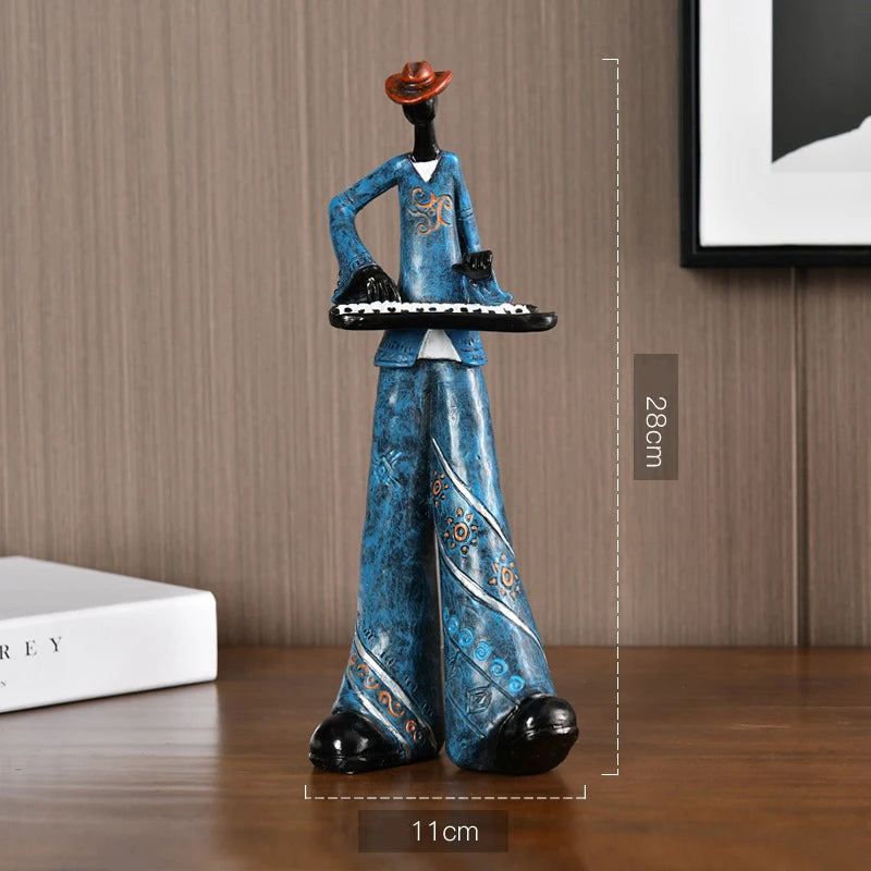 Decorative figurine with blue outfit and cowboy hat on a wooden surface, with measurement details.