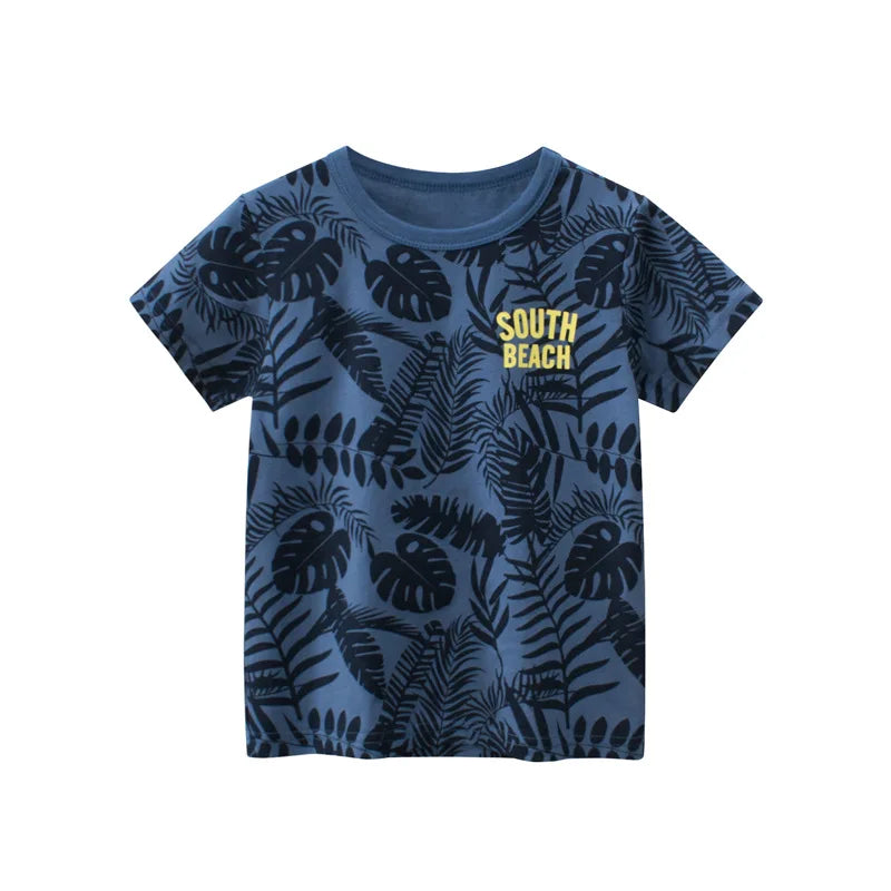 Blue t-shirt with black leaf pattern and 'South Beach' text on a white background