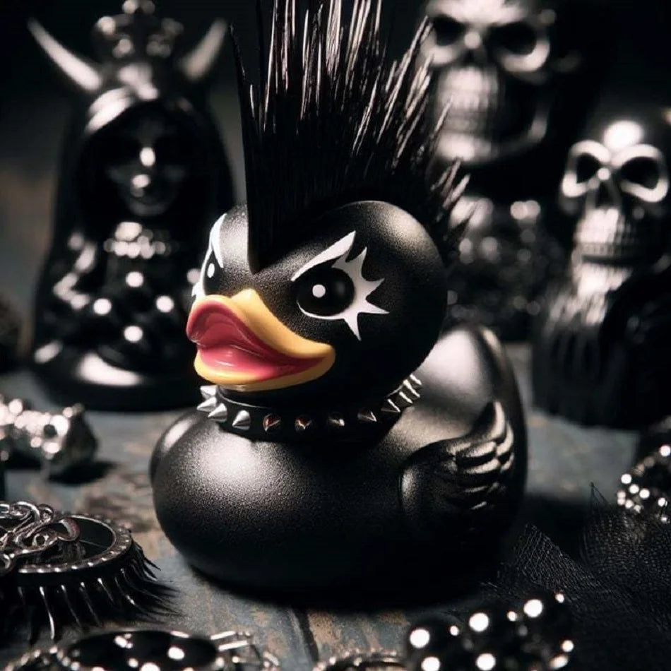 Black rubber duck with mohawk and star design on a dark background