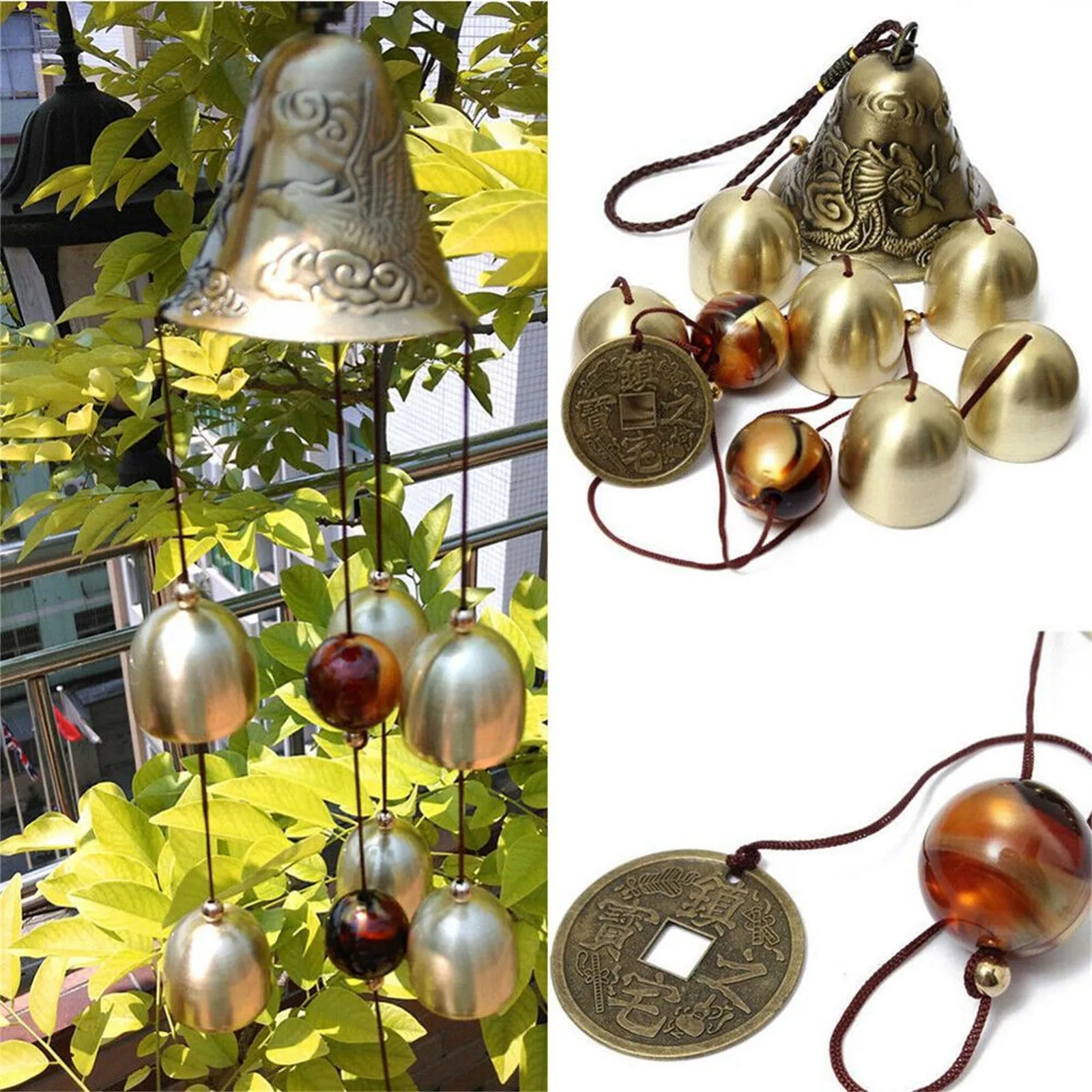 Decorative wind chimes with metallic and amber beads, one hanging outdoors.