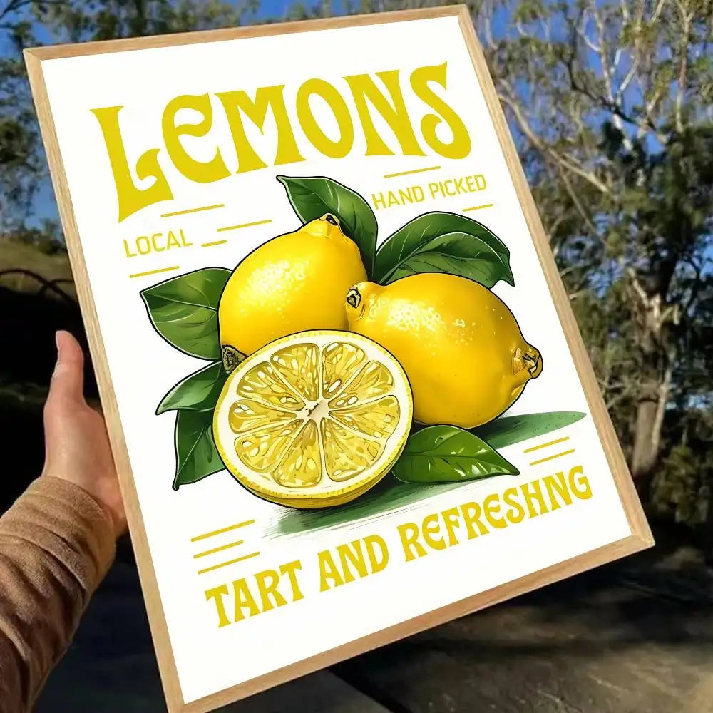 Framed poster with lemons and text 'Lemons Hand Picked Local Tart and Refreshing' held outdoors.