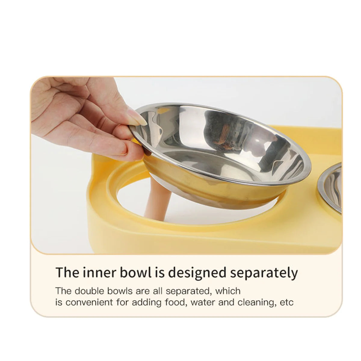 Stainless steel bowl being placed into a yellow stand with text explaining its design.