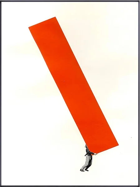 Person holding a large red rectangular object on a white background