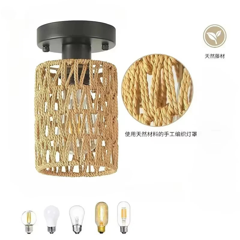 Ceiling light fixture with woven design and inset showing natural material, surrounded by different light bulbs.