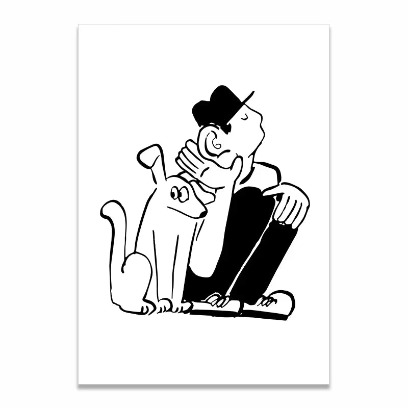 A minimalist black and white cartoon illustration of a man in a hat sitting with a cat, shown as a vertical art print on a white background.