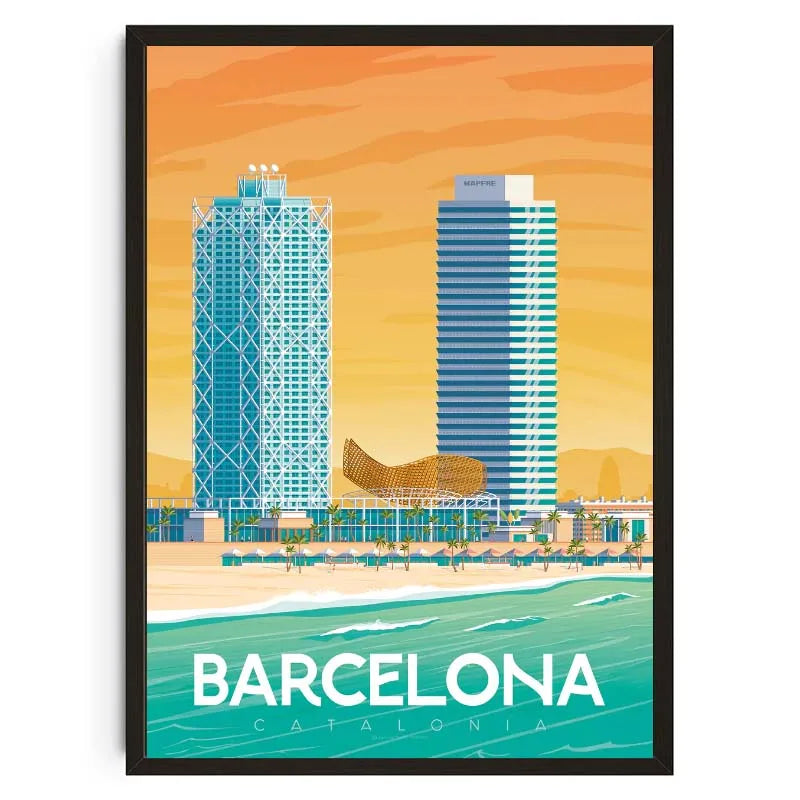Framed artwork of Barcelona with two tall buildings and a yellow sky.