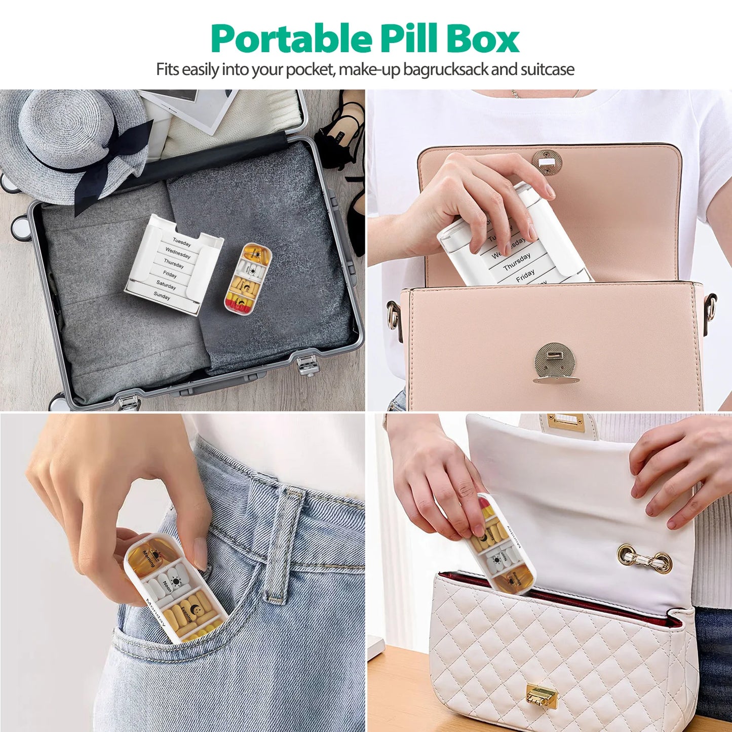 Collage of a portable pill box being used in various settings like a suitcase, handbag, and pocket.