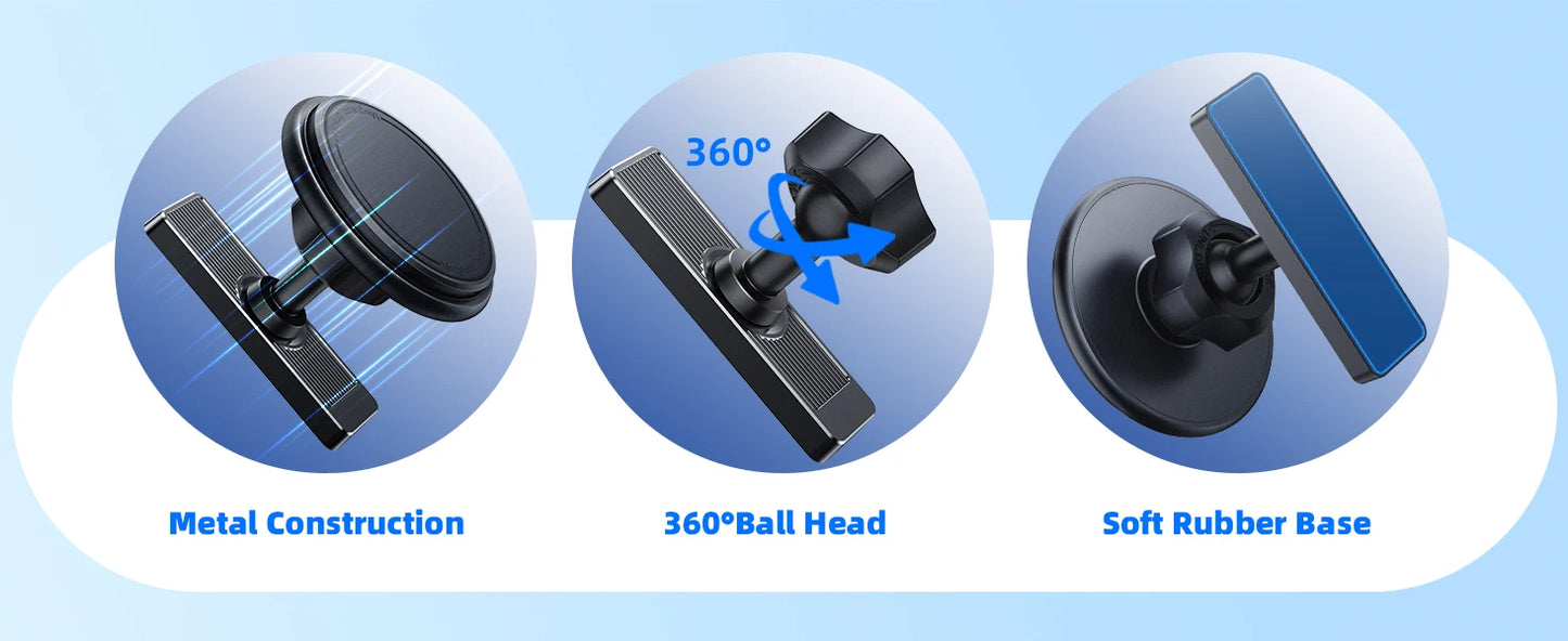 Three circular icons showcasing metal construction, 360-degree ball head, and soft rubber base on a light blue background.