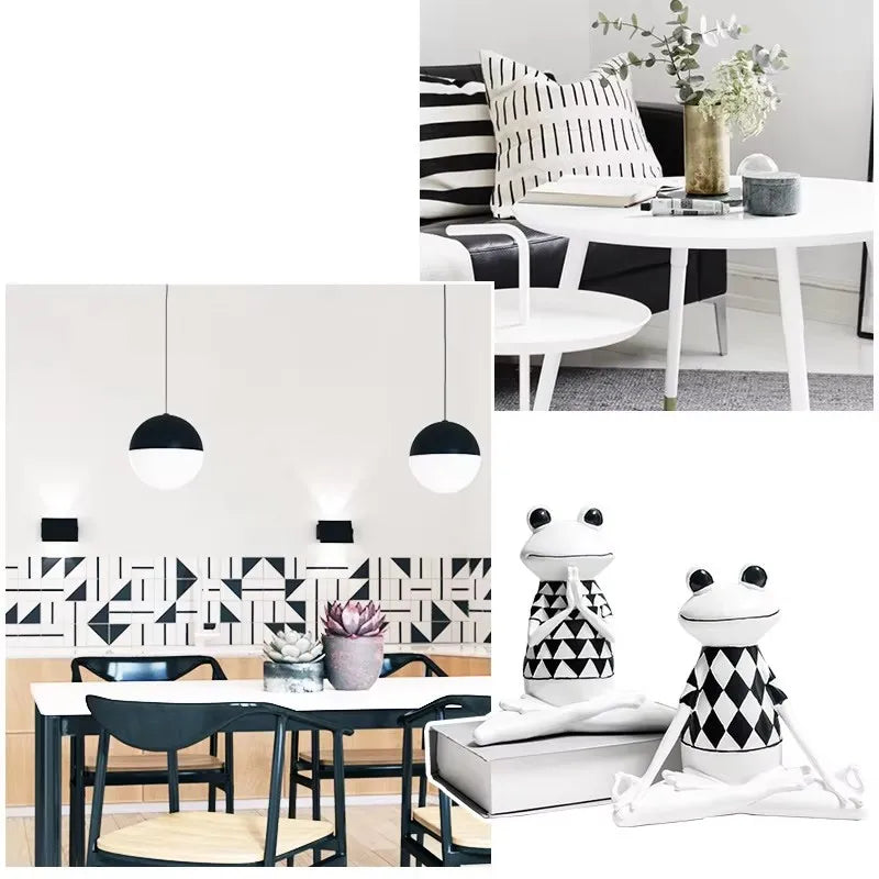 Collage of interior design elements including a black and white patterned wall, modern furniture, and decorative items.