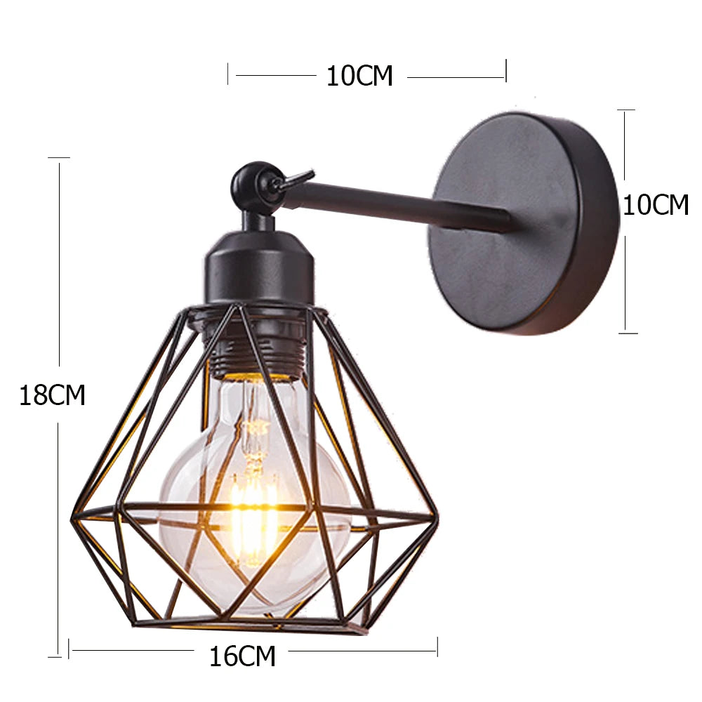 Wall-mounted light fixture with geometric glass shade and dimensions labeled