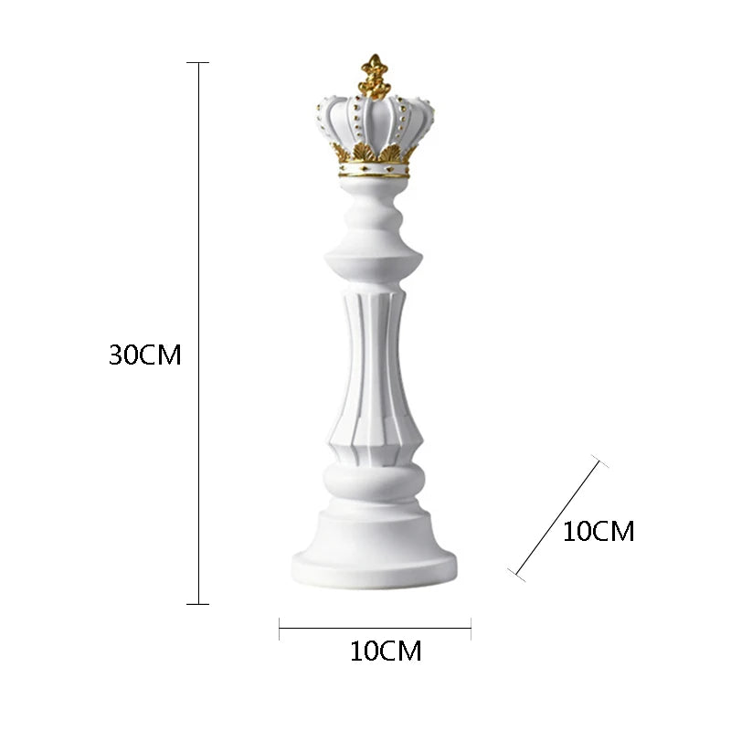 White chess piece with gold crown and measurements on a white background