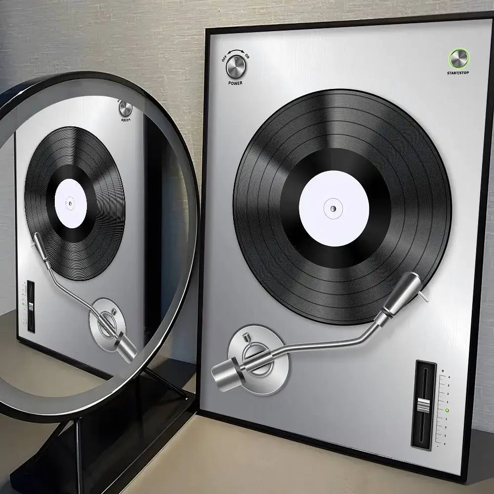 Vinyl record player with a record on a neutral background
