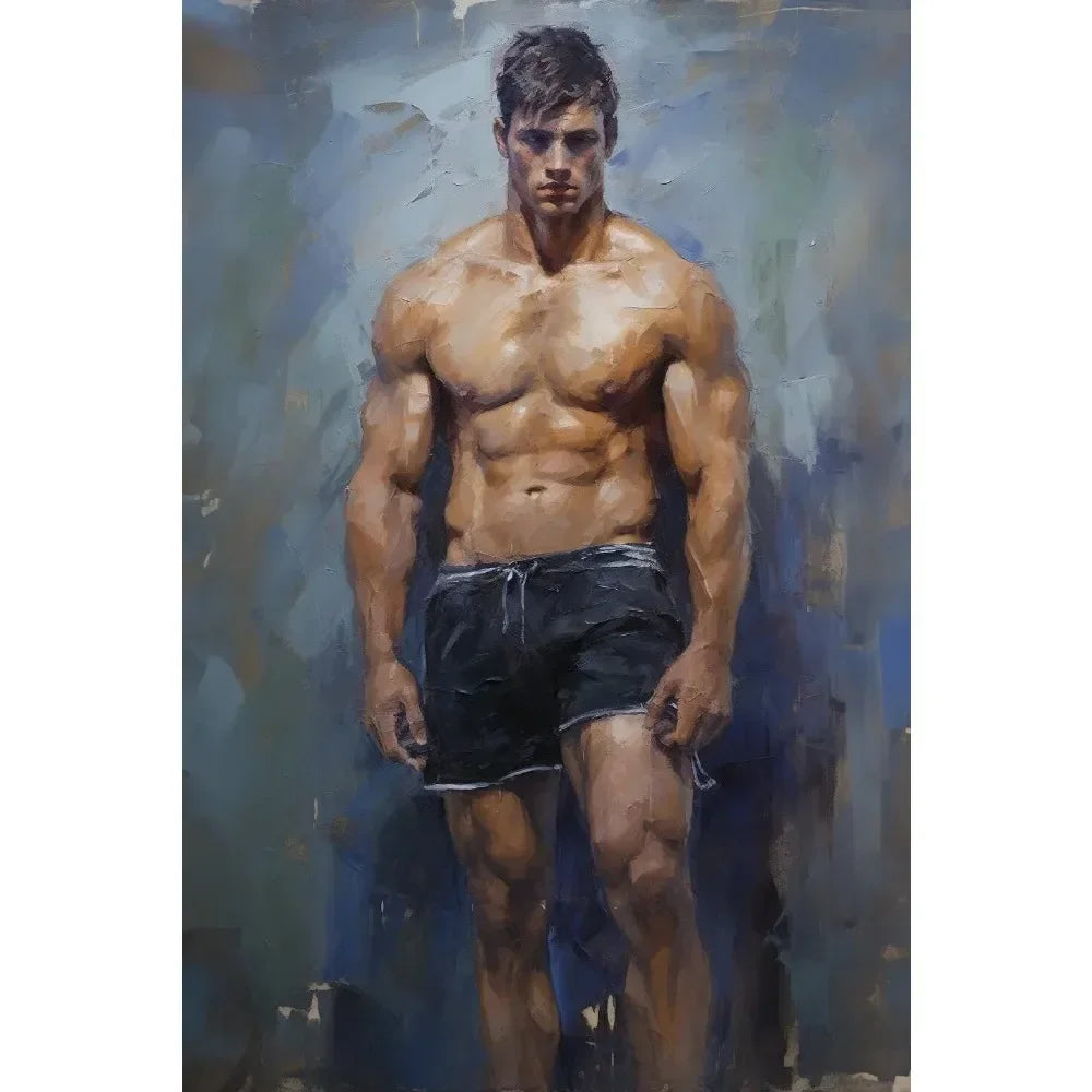 Artistic depiction of a muscular man in black shorts against a textured blue background