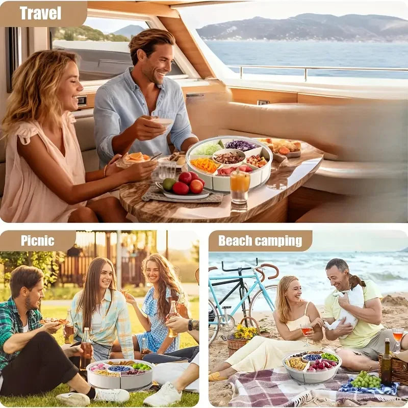 People enjoying picnics in various settings: inside a vehicle, in a park, and on a beach.