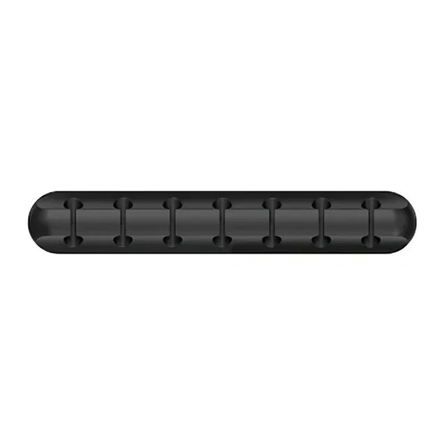 Black rubber strip cable tidy with textured surface on a white background