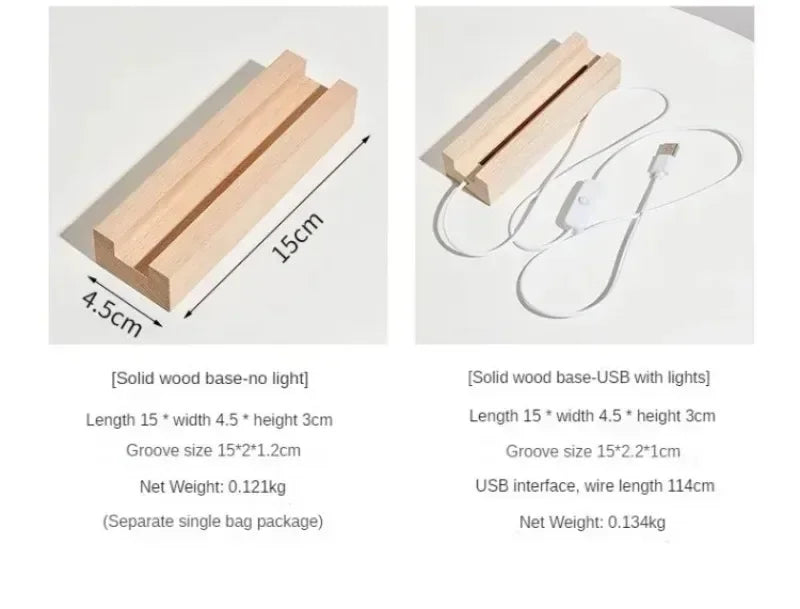 Wooden base with USB cable and light measurements on a white background