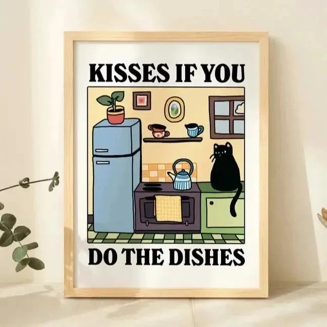 Kisses If You Do The Dishes cartoon cat kitchen wall art print in wooden frame
