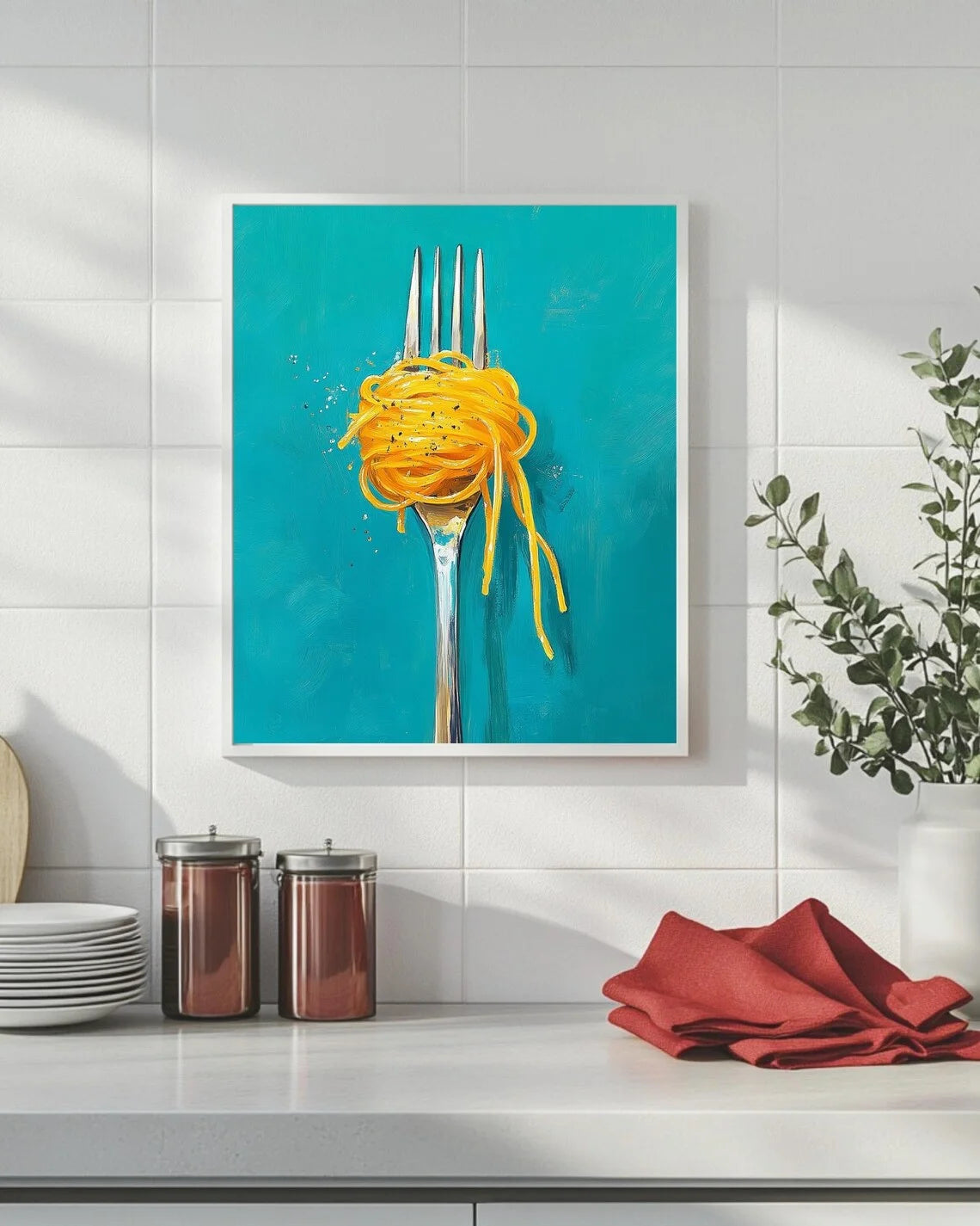 Framed artwork of a fork with noodles on a teal background in a kitchen setting.