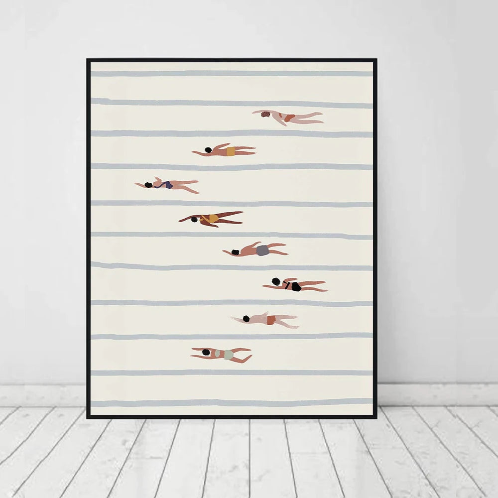 Framed artwork with swimmers on a striped background
