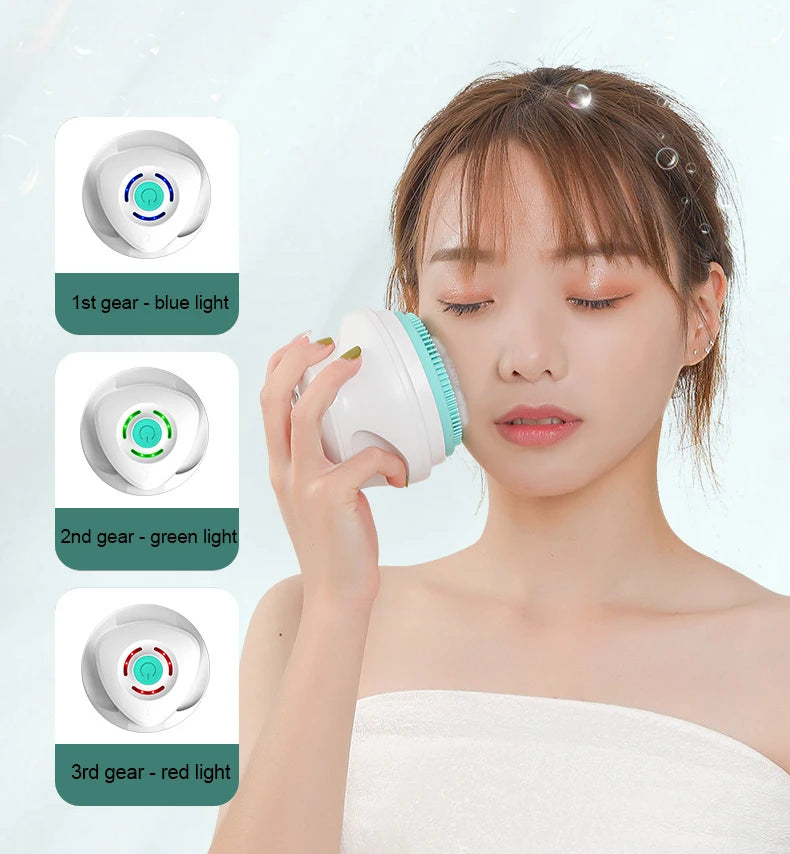 Woman using a facial cleansing device with light indicators on a white background
