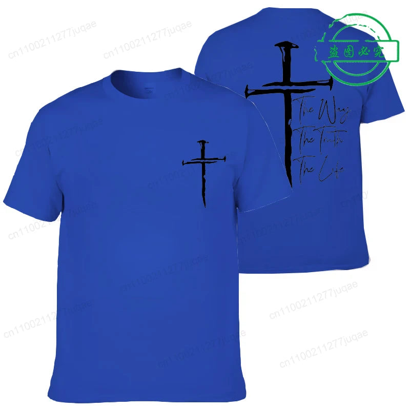 Blue t-shirt with black cross design on front and back, featuring text.