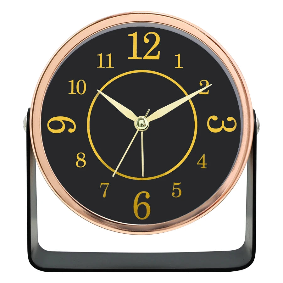 Round clock with black face, gold numbers, and rose gold frame on a white background