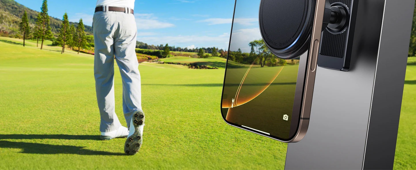 Golf player on a green course with a smartphone displaying a golf app.