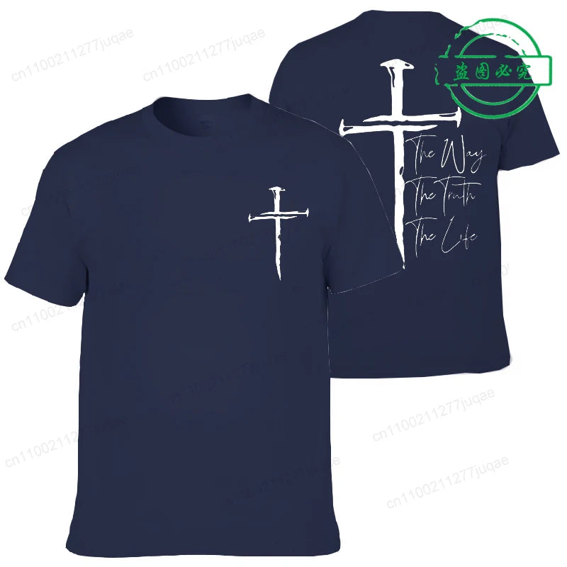 Navy blue t-shirt with white cross design on front and back, featuring text.