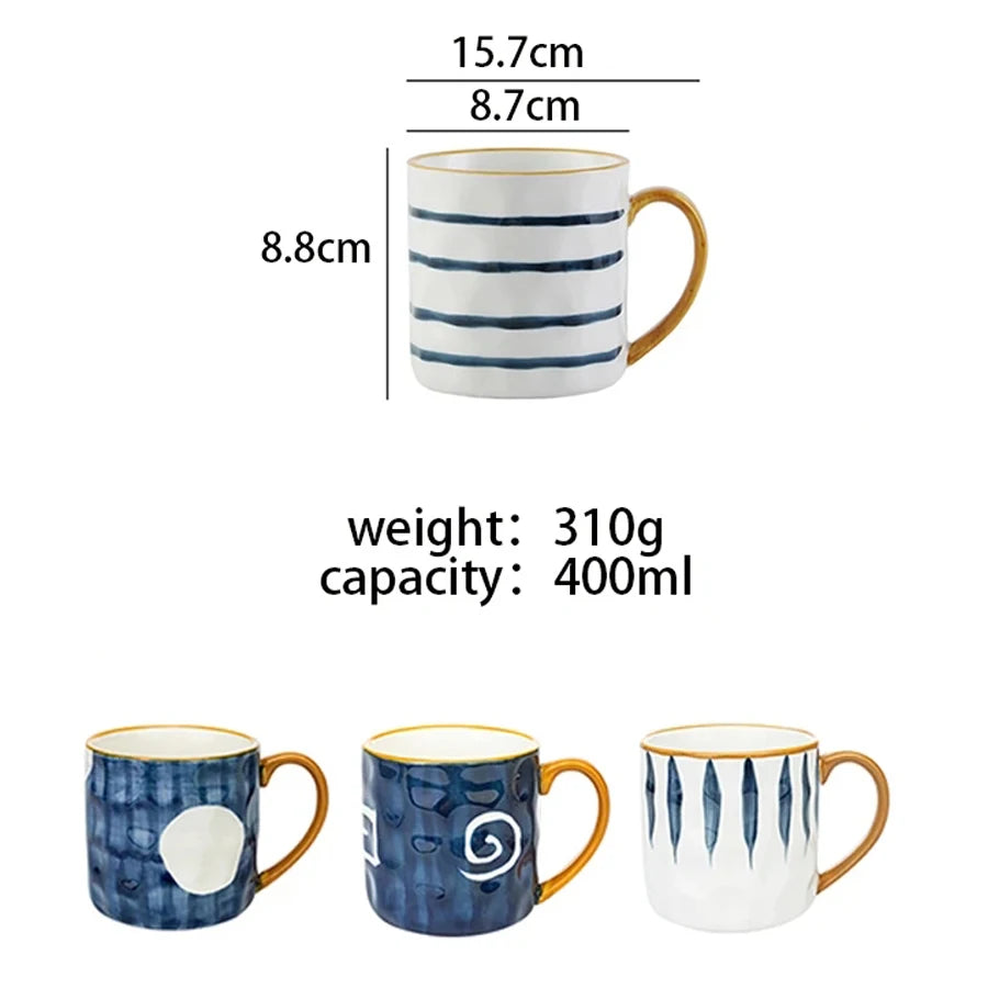 Mugs with blue and white patterns, shown with measurements and weight capacity on a white background.
