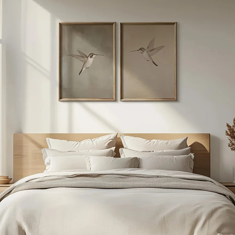 Neatly made bed with white bedding and pillows, wooden headboard, and framed bird art on wall.