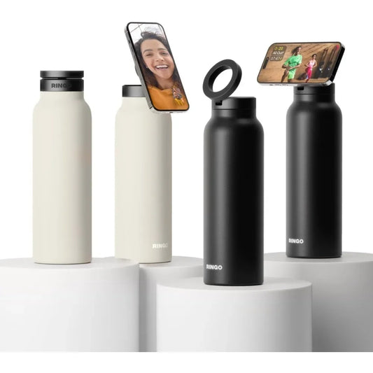 Four water bottles in different colors with smartphone holders on a white background