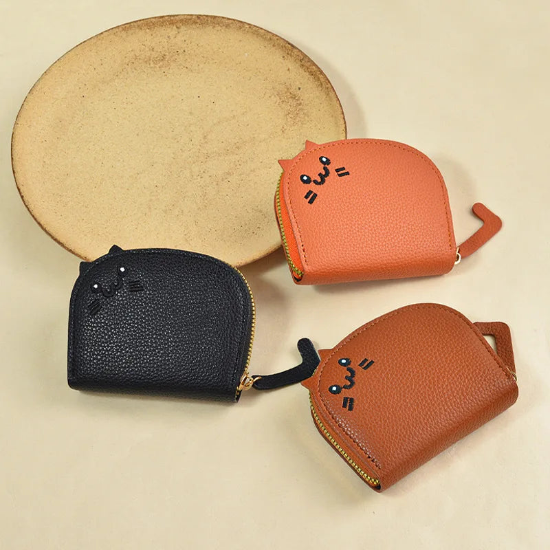 Cute cat coin purse wallet in PU leather with zip closure for coins and cards
