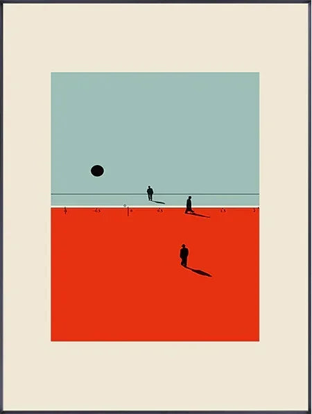 Surreal artwork with a black circle in the sky over a red ground, featuring three figures.