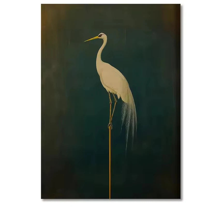 Modern Japanese crane wall art poster with white birds and golden sun on dark canvas